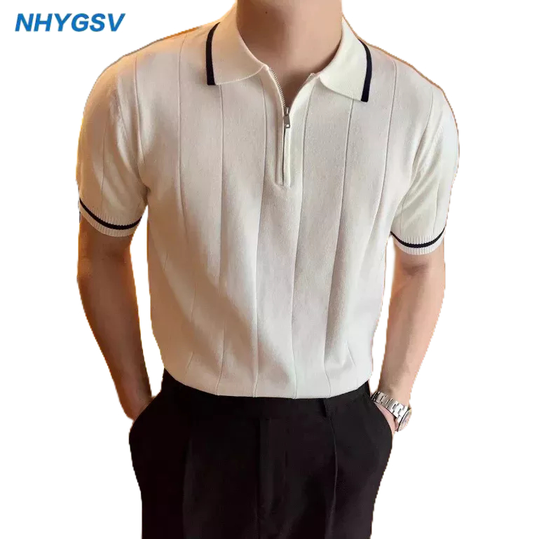 NHYGSV Cool knitted polo™ เสื้อโปโลซิปครึ่งตัวสุดเท่ ผ้าถักระบายอากาศ สีขาว (เสื้อโปโลลายทาง) [B09]
