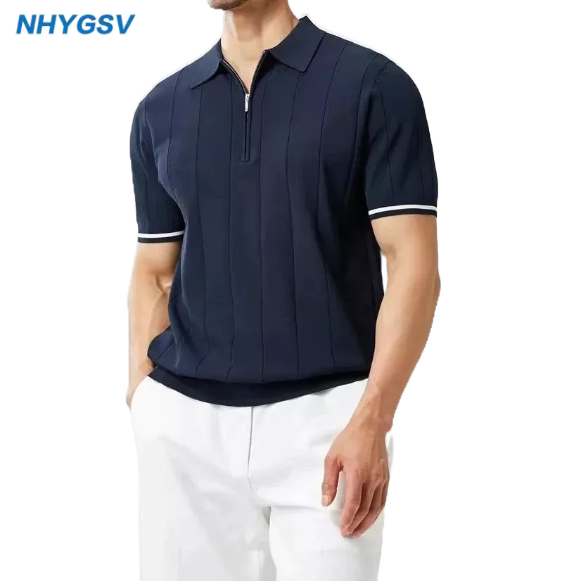 NHYGSV Cool knitted polo™ เสื้อโปโลซิปครึ่งตัวสุดเท่ ผ้าถักระบายอากาศ สีฟ้า  (เสื้อโปโลลายทาง) B62