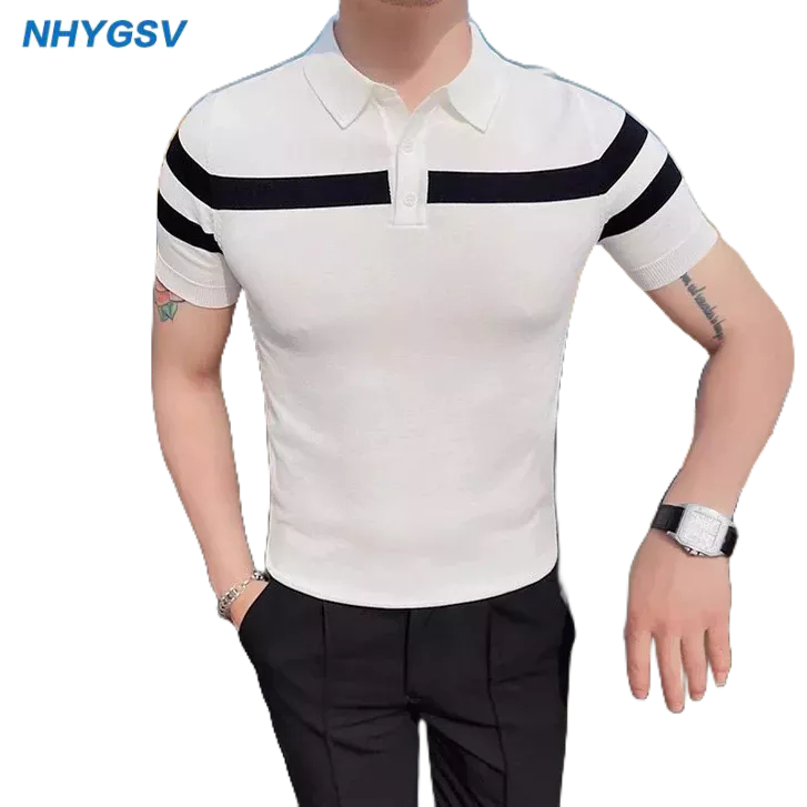 NHYGSV knitted polo™ เสื้อโปโลยับยั้งกลิ่นเหงื่อ ผ้าเย็นสบาย สีขาว (เสื้อโปโลลายทาง) ธุรกิจ [B32]