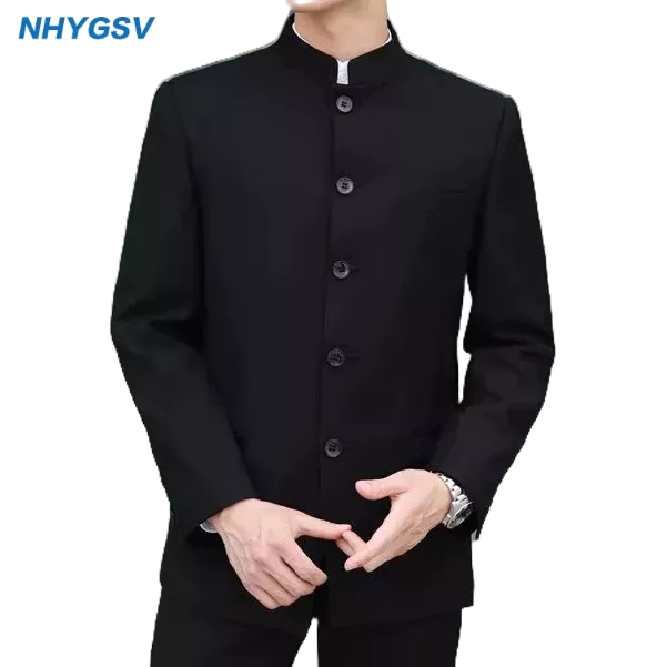 NHYGSV Mens Zhongshan Suit Stand Collar (พร้อมแผ่นรองไหล่) ผ้าคุณภาพสูง 3 ชั้น สีดํา S-5XL [B356]