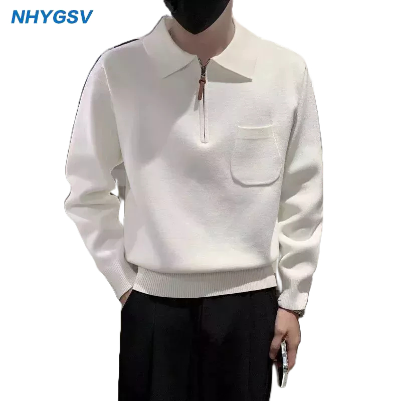 NHYGSV knit sweater™ สเวตเตอร์ชาย ผ้าถักยืดหยุ่น สีขาว ทรงสเวตเตอร์แขนยาวซิปครึ่งตัว M-XXXL【B126】