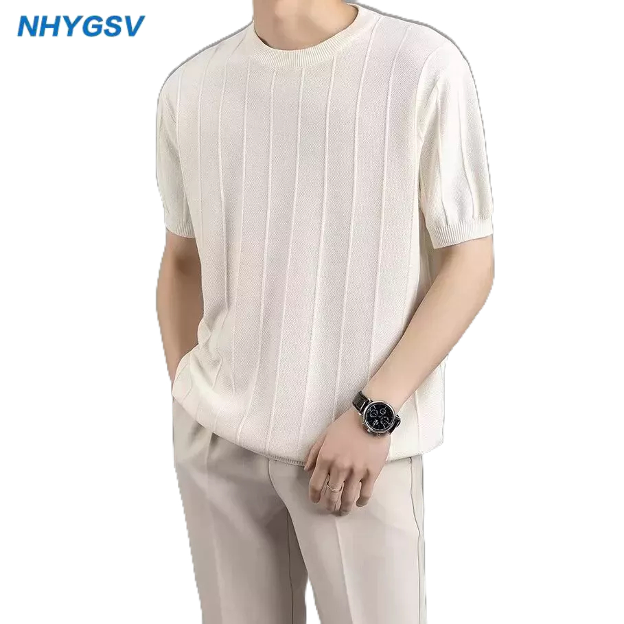 NHYGSV knitted t shirt™ เสื้อยืดระงับกลิ่นกาย ผ้าเย็นสบาย สีขาว（เสื้อยืดลายทาง）ไม่เป็นทางการ [B269]