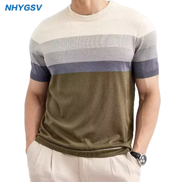 NHYGSV knitted t shirt™ เสื้อยืดระงับกลิ่นกาย ผ้าเย็นสบาย สีเขียว（เสื้อยืดลายทาง）ไม่เป็นทางการ [B106]
