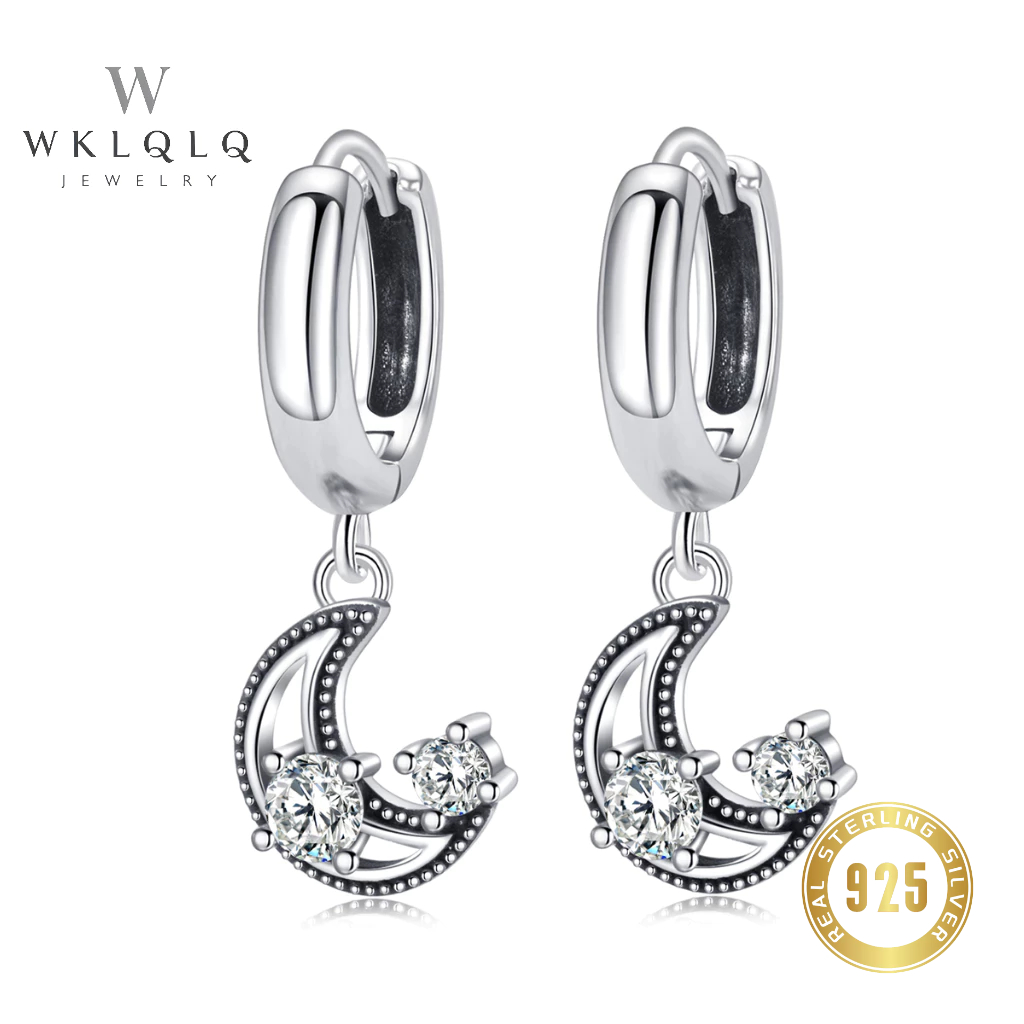 WKLQLQ ต่างหูเงินแท้ 925 ดีไซน์พระจันทร์ ประดับเพชร CZ สไตล์คลาสสิค ใส่สบาย ไม่ระคายเคืองผิว