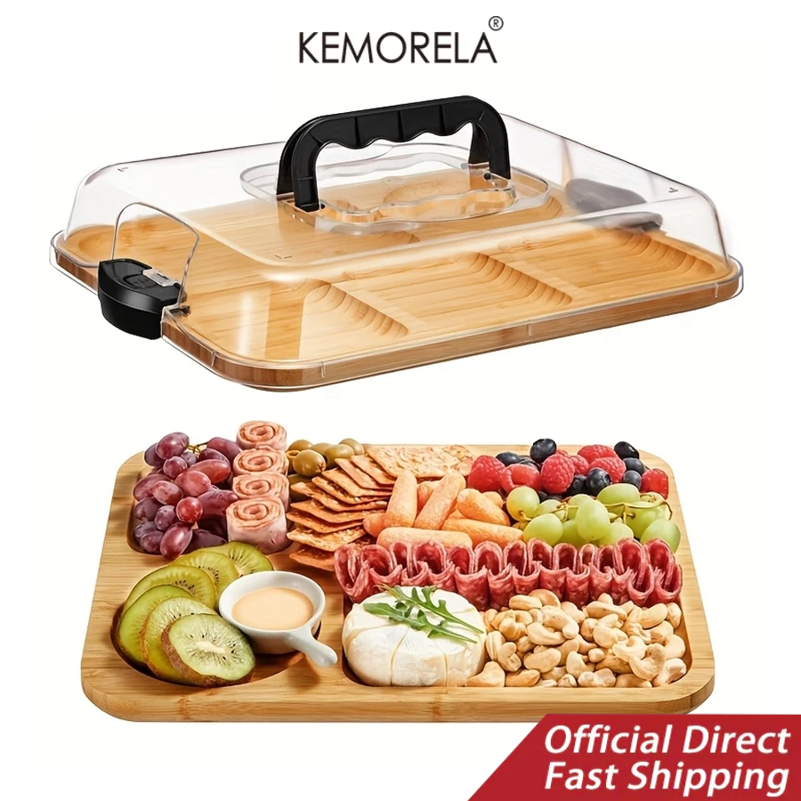 ถาดชีสไม้ไผ่พร้อมฝาปิดอะคริลิคใสแบบพกพา เดลี่ แผ่นเสียง สําหรับตั้งแคมป์ร้านอาหารถาดเสิร์ฟสําหรับอาหารเรียกน้ําย่อยวันหยุด Charcuterie & Snacks Party Snack Organizer