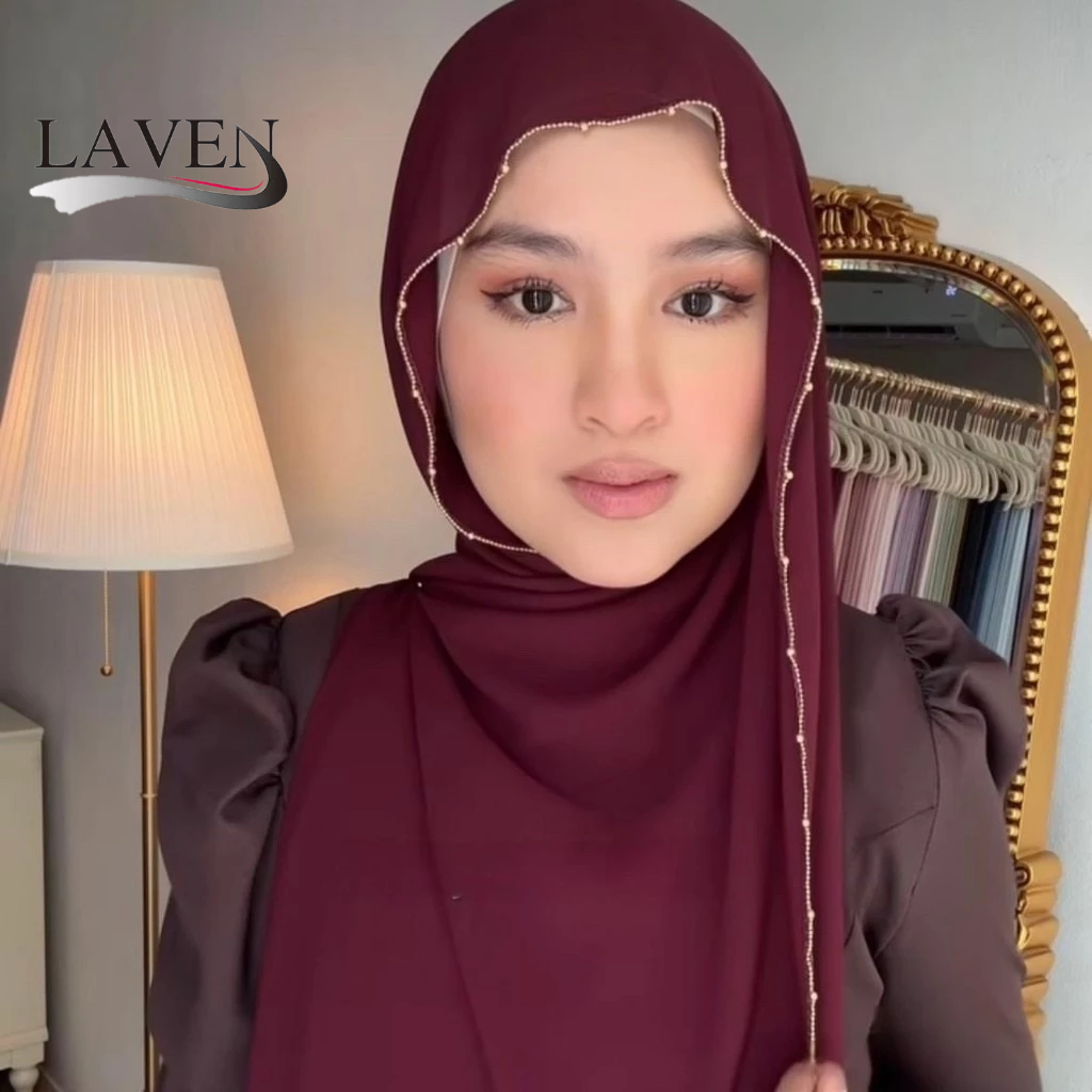 Laven Pearl Chain Beaded Shawl Chiffon Hijab ผ้าพันคอผู้หญิง Glitter Pashmina Hijab มุสลิม Headscarf Tudung