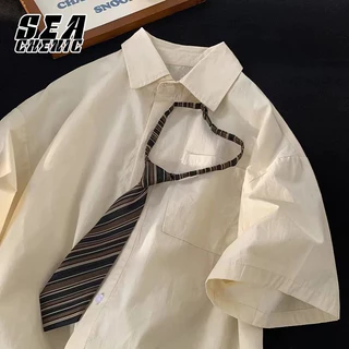 SEACHENIC เสื้อเชิ้ตแขนสั้น คอปกตั้ง พร้อมเนคไท สีพื้น แบบทันสมัย สําหรับผู้ชาย