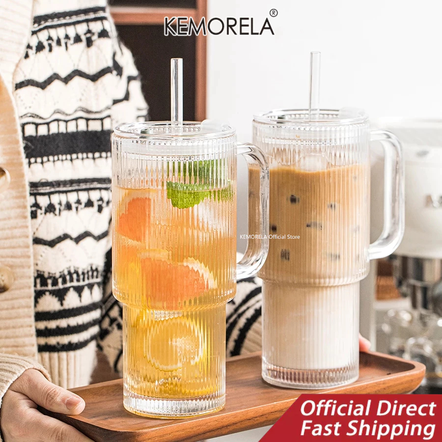 KEMORELA  1/2ชิ้น,26ออนซ์แก้วยางแก้วที่มีการจัดการ&ฝาถ้วยกาแฟเย็นขนาดใหญ่พร้อมหลอด,แก้วที่ทันสมัยสําหรับเครื่องดื่มเย็นและร้อน,ถ้วยเดินทางสุนทรียศาสตร์สําหรับสมูทตี้,ชา,และน้ําผลไม้