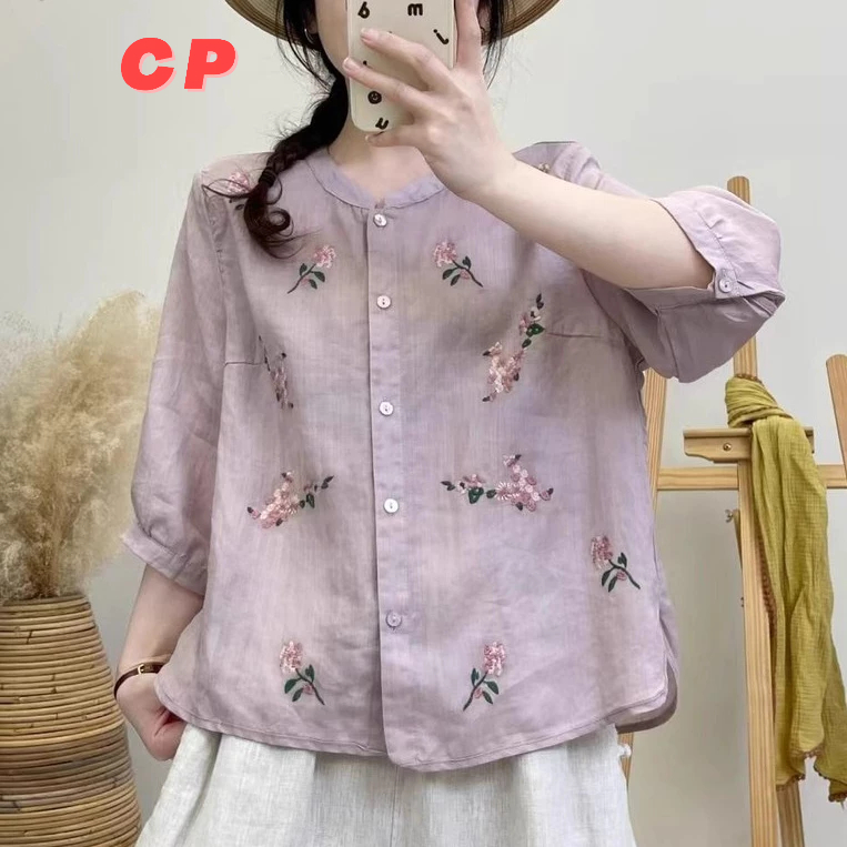 C CP วรรณกรรมเสื้อผู้หญิงฤดูร้อนสไตล์ใหม่รอบคอสีทึบ All-Match Five-Point แขนบาง Heavy อุตสาหกรรมปักเ