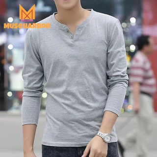 Muse Harbor เสื้อยืดแขนยาวผู้ชายลําลองสีทึบคอวีด้านบน