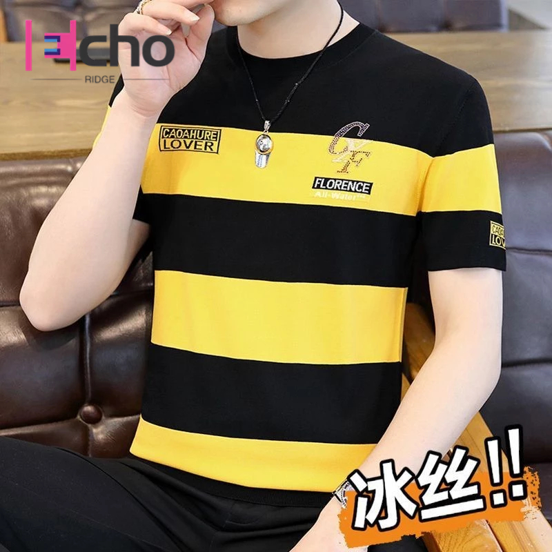 เสื้อยืดแขนสั้นผู้ชายแฟชั่นลายหนุ่มสาวและวัยกลางคนสไตล์เกาหลีบางปักเสื้อคอกลม