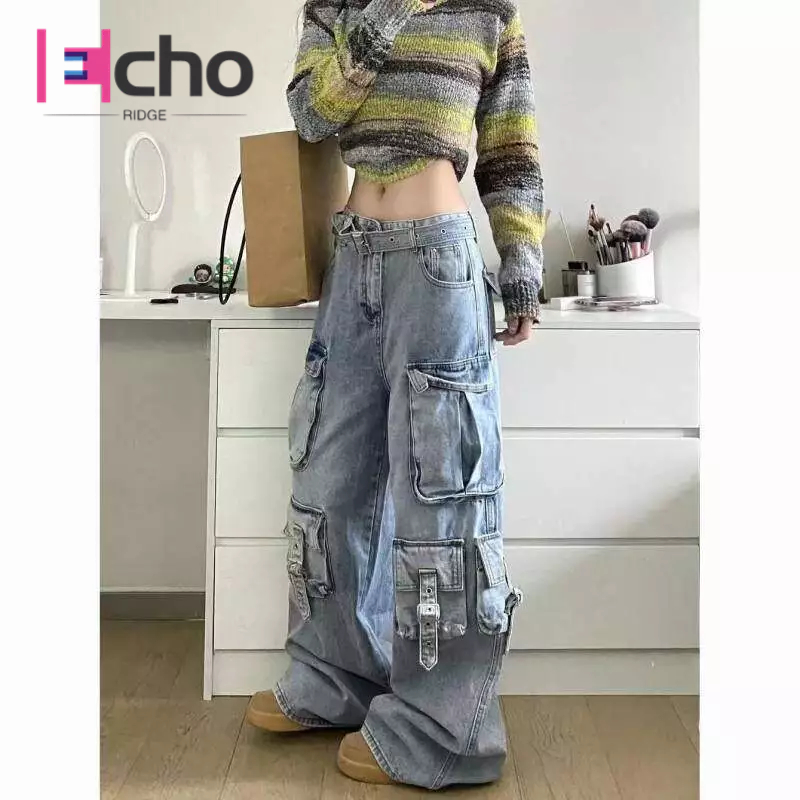 Echo Ridge กางเกงยีนส์ผู้ชาย American retro multi-pocket distressed Wash workwear