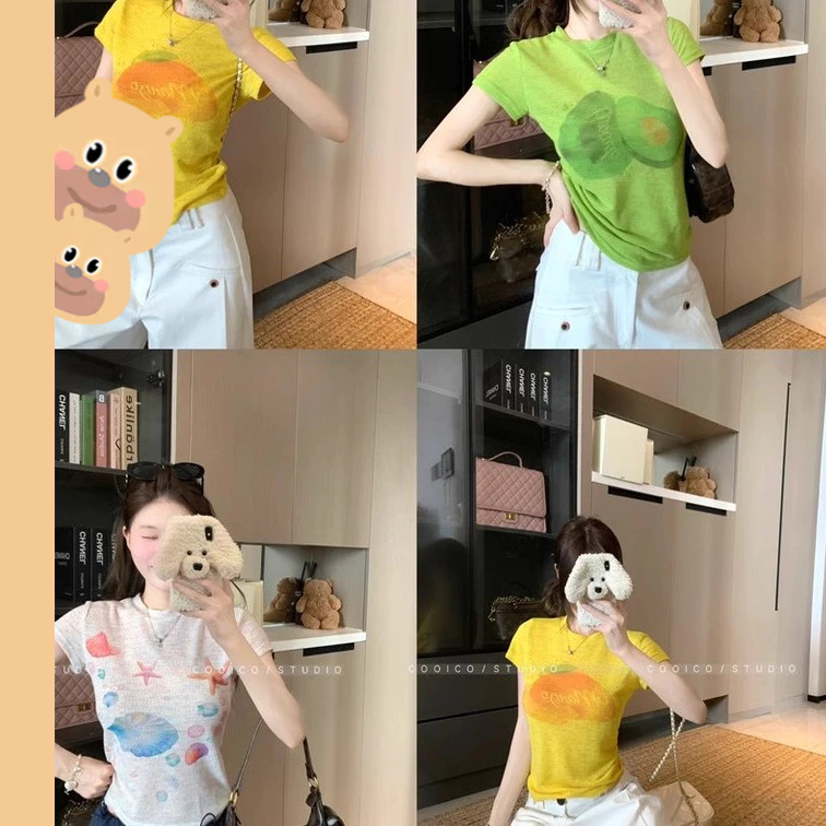 🎀bearbra🎀ของพร้อมส่ง ปลาทองน่ารักพิมพ์เสื้อยืดแขนสั้นผู้หญิง crop top เสื้อยืดแขนสั้นพิมพ์ลายสีเหลืองสำหรับผู้หญิง ใส่สบายในฤดูร้อน