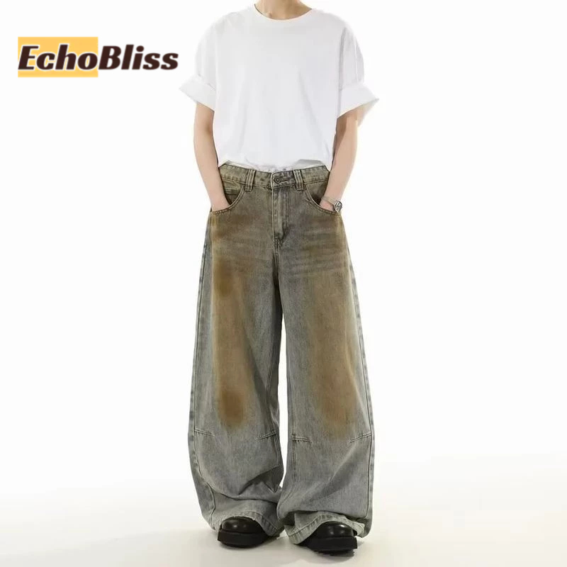 Echobliss กางเกงยีนส์ผู้ชาย American Retro Washed Distressed Dirty Dyed Loose Straight Mopping Pants