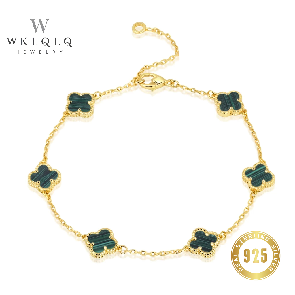 WKLQLQ สร้อยข้อมือโคลเวอร์นำโชค เงินแท้ 925 ชุบทอง 14K｜มาลาไคต์ & ไข่มุกขาว