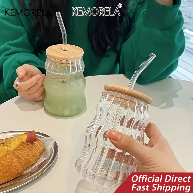 KEMORELA ใหม่ แก้วกาแฟใส ลายก้อนเมฆ พร้อมฝาปิด มีหลอดดูด ลายทาง พร้อมฝาปิด สําหรับใส่เครื่องดื่ม ชา กาแฟ น้ําผลไม้