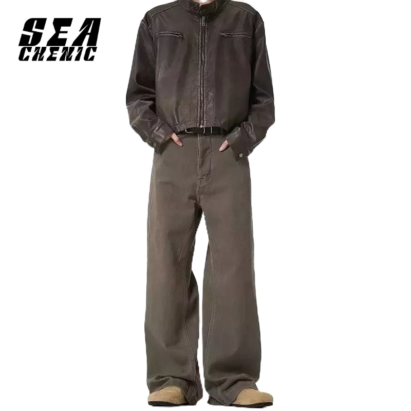 SEACHENIC กางเกงยีนขายาว เอวสูง ทรงตรง ทรงหลวม สีกาแฟ สไตล์เรโทร สําหรับผู้ชาย