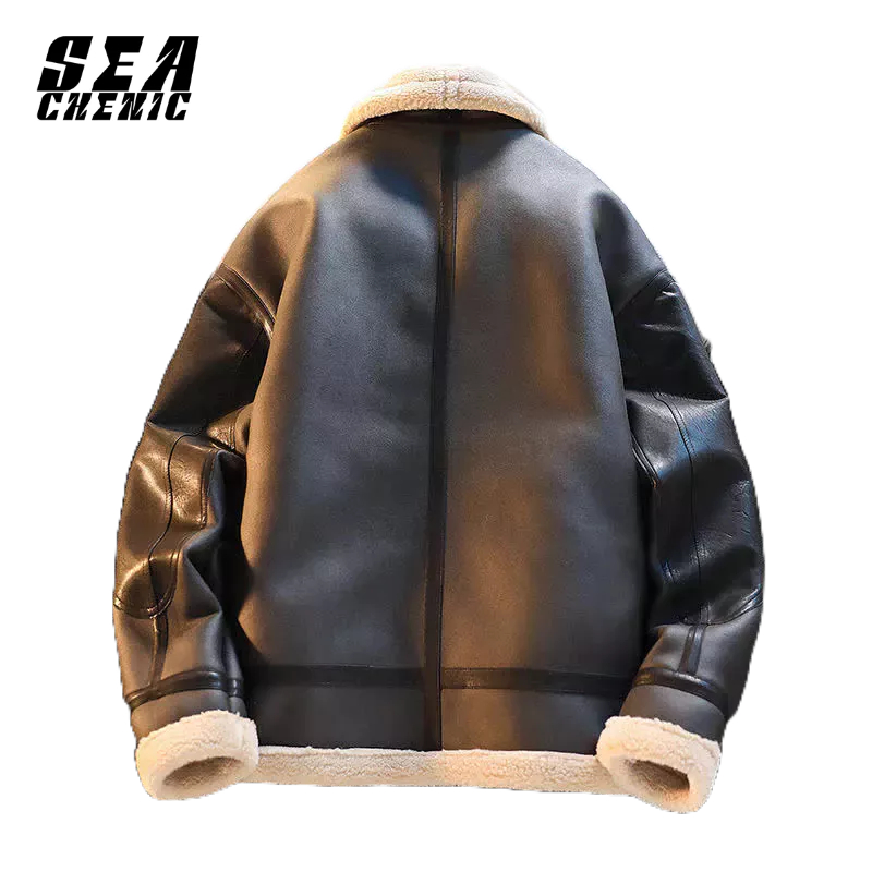 SEACHENIC ขนแบบบูรณาการขนแกะแจ็คเก็ตหนังผู้ชายฤดูใบไม้ร่วงและฤดูหนาวปกแกะขนแกะผ้าฝ้ายเบาะแจ็คเก็ต