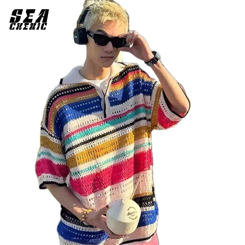 SEACHENIC ฤดูร้อนใหม่ มหัศจรรย์ ย้อนยุค ที่มีสีสัน ลายทาง กลวง เสื้อถัก