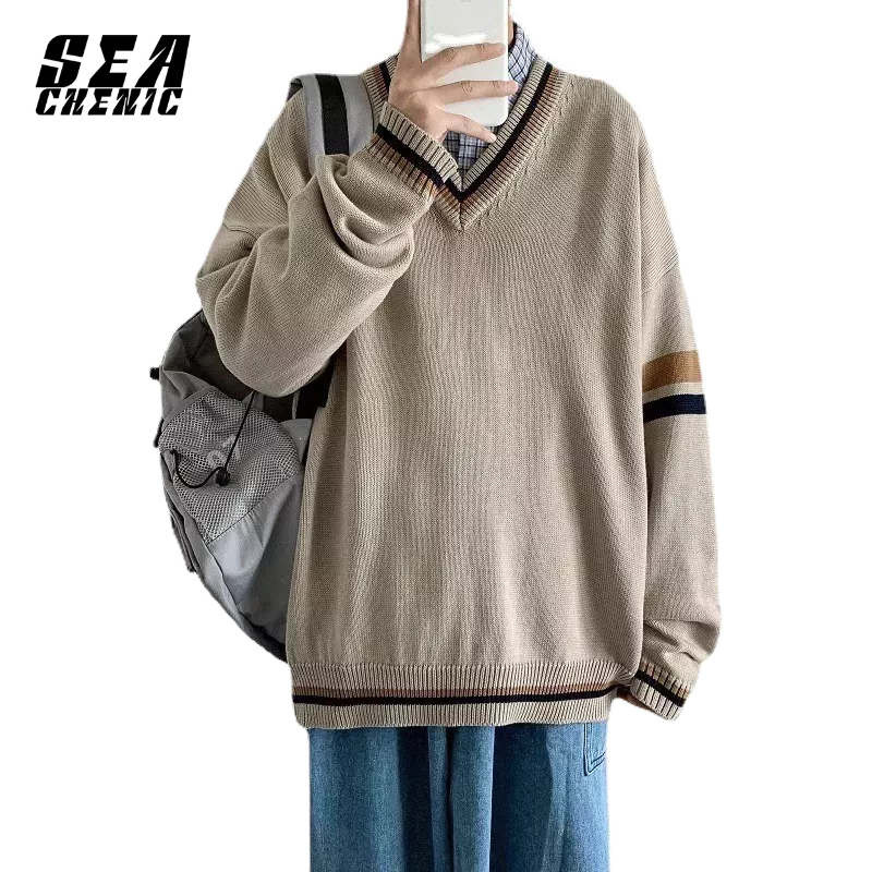 SEACHENIC เสื้อสเวตเตอร์ย้อนยุคสไตล์ญี่ปุ่นคอวีเสื้อสเวตเตอร์อินเทรนด์ อิน