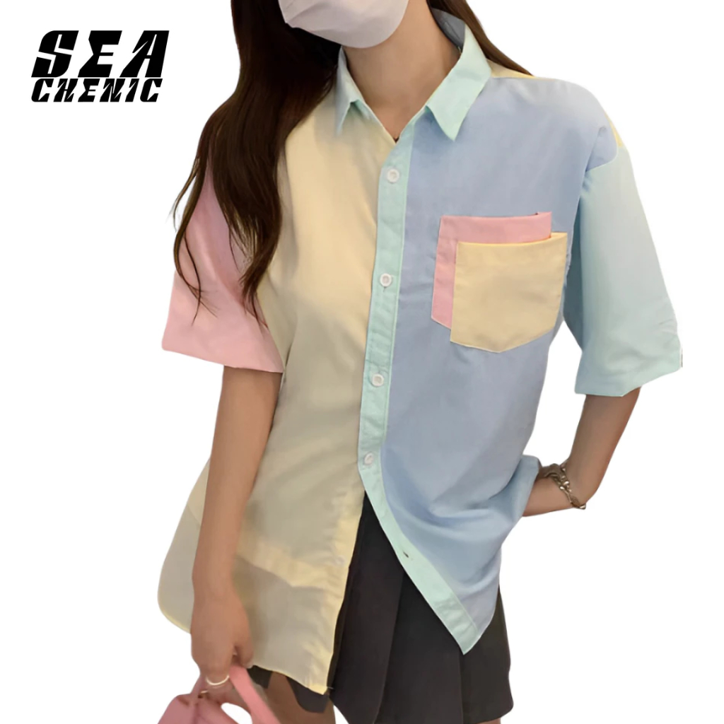 SEACHENIC เสื้อเชิ้ตผู้ชายสีตัดกันเย็บปะติดปะต่อกันและครึ่งแขนที่ไม่ซ้ําใคร