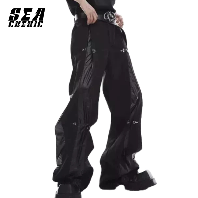 SEACHENIC กางเกงแยก-หัวเข็มขัดเครื่องบินโลหะและแผงหนัง PU กางเกงขากว้างเกาหลีพร้อมขอบเปรี้ยวจี๊ด