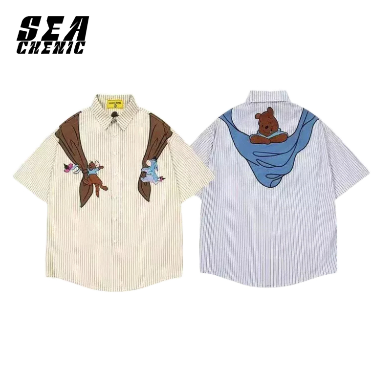 SEACHENIC เสื้อเชิ้ตแขนสั้นพิมพ์ลายการ์ตูนหมีวินเทจฤดูร้อน Retro สนุกทรงหลวม