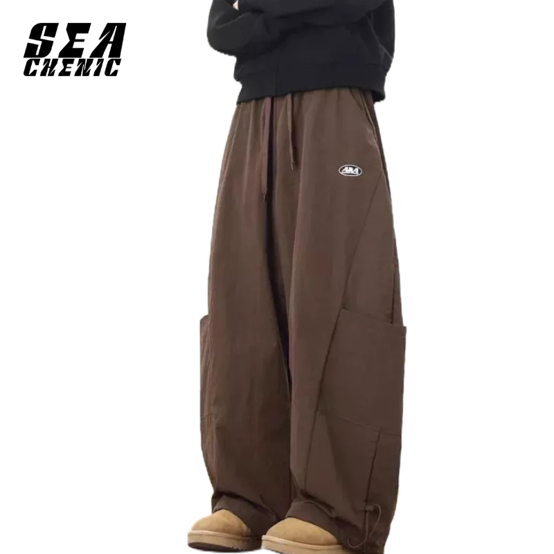SEACHENIC กางเกงขากว้างตรงหลวม สีทึบสำหรับผู้ชายและผู้หญิง อเมริกันสไตล์