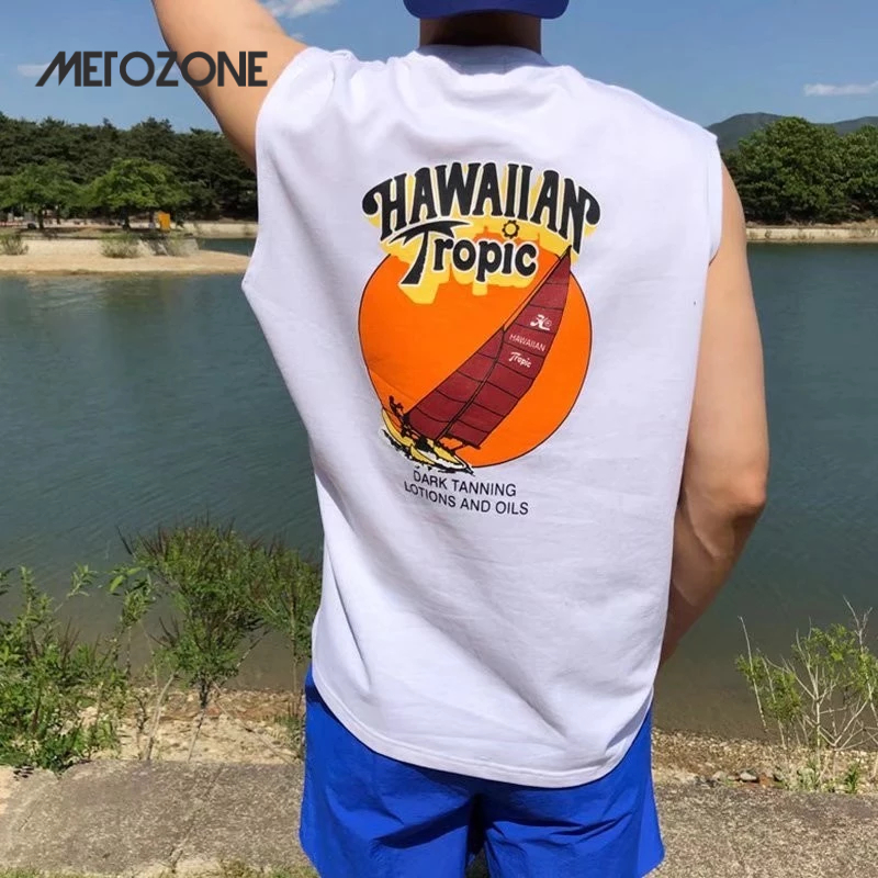 Metozone (พร้อมส่ง) เสื้อยืดแขนกุดผู้ชาย ample พิมพ์ลาย สปอร์ต ฟิตเนส หน้าร้อน