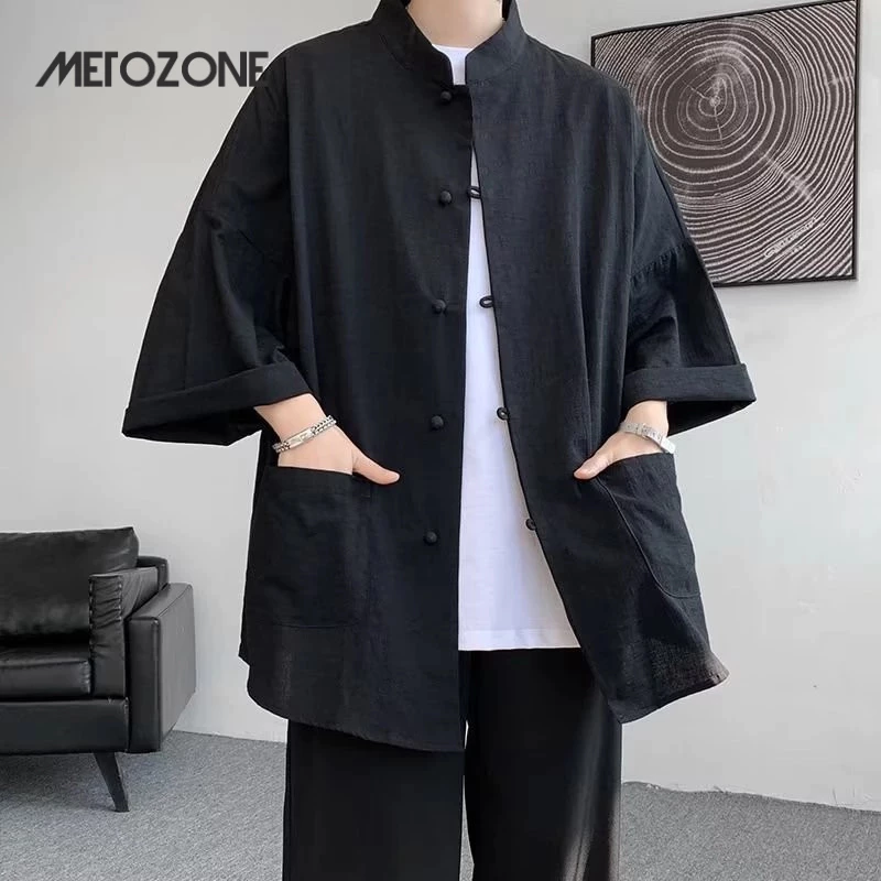 Metozone ใหม่สไตล์จีนย้อนยุคหลวมผ้าลินินเสื้อเชิ้ตผู้ชายฤดูร้อนชุดสูทรสแขนสั้น