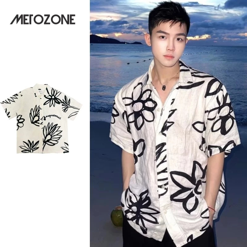 Metozone เสื้อเชิ้ตแขนสั้นวินเทจญี่ปุ่น เสื้อเชิ้ตพิมพ์ลายลําลองหลวมสไตล์ฮาวายผู้ชาย