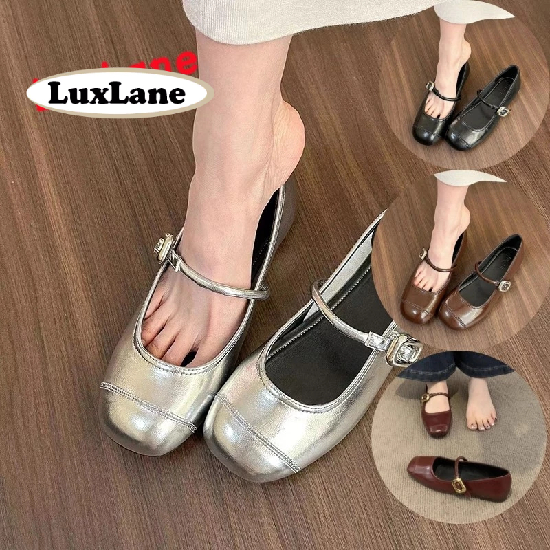 รองเท้าMary Jane สำหรับผู้หญิง ส้นแบน หัวเรียบ สีเงิน ไซส์35-41