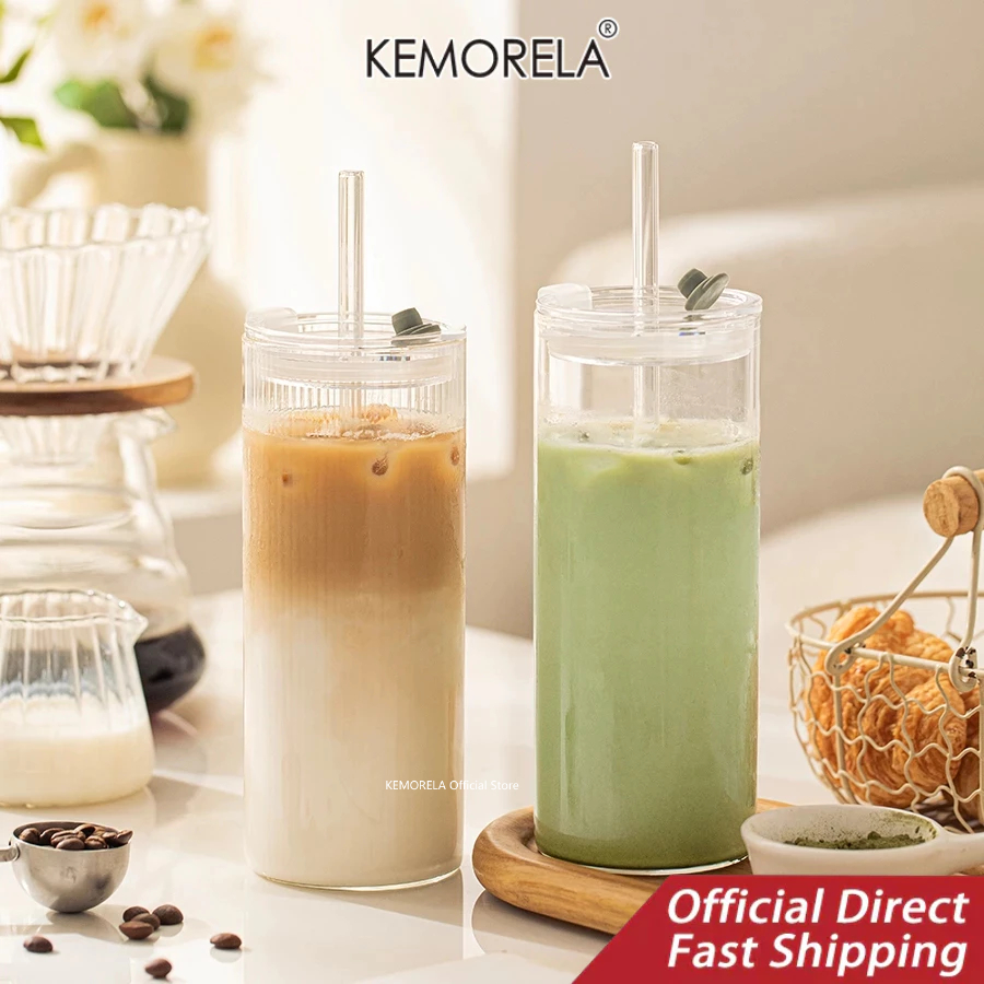 KEMORELA  1/2ชิ้น,18ออนซ์ ถ้วยแก้วพร้อมฝาปิดและหลอด-แก้วน้ําแบบใช้ซ้ําได้แบบใสสําหรับกาแฟเย็น,สมูทตี้,น้ําผลไม้-ถ้วยแก้วยางรั่วซึม,แก้วน้ําทนทานสําหรับเครื่องดื่มเย็น