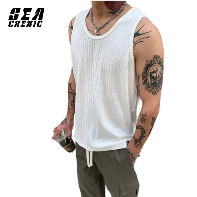 SEACHENIC  อเมริกันลําลองเสื้อกั๊กแขนกุดผู้ชายสไตล์เกาหลีกีฬาด้ายด้านบน