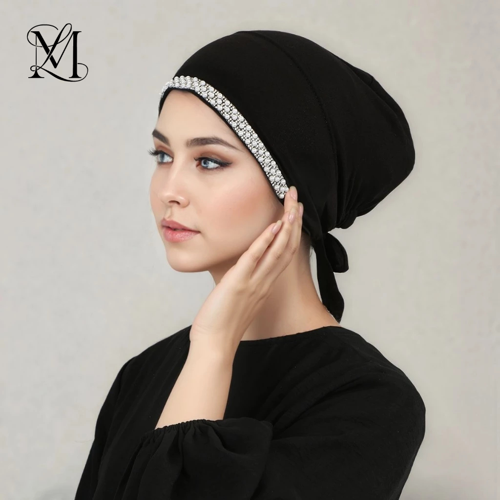 LOVOSME Rhinestone Pearl Undercap Hijab Modal Instant Hijab ด้านในยืดหยุ่นมุสลิม Headscarf Breathabl