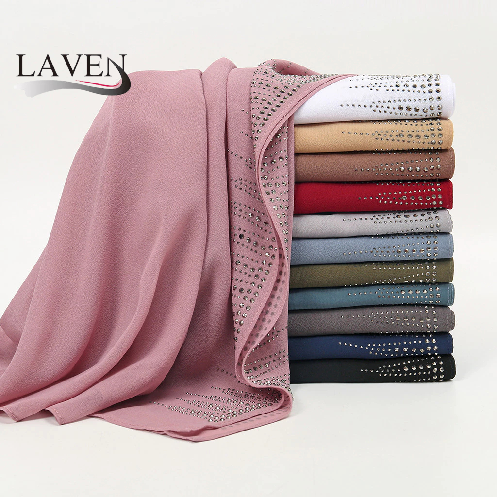 LAVEN Rhinestone Bubble Chiffon Hijab คุณภาพสูงมุสลิม Headscarf Shimmer Diamond Shawl Tudung