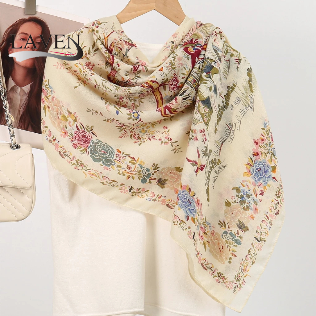 LAVEN ดอกไม้พิมพ์ผ้าคลุมไหล่ผ้าฝ้าย Voile Tudnug ผ้าพันคอมุสลิมผู้หญิงแฟชั่นเหนียวนุ่ม Pashmina ผ้าคลุมไหล่