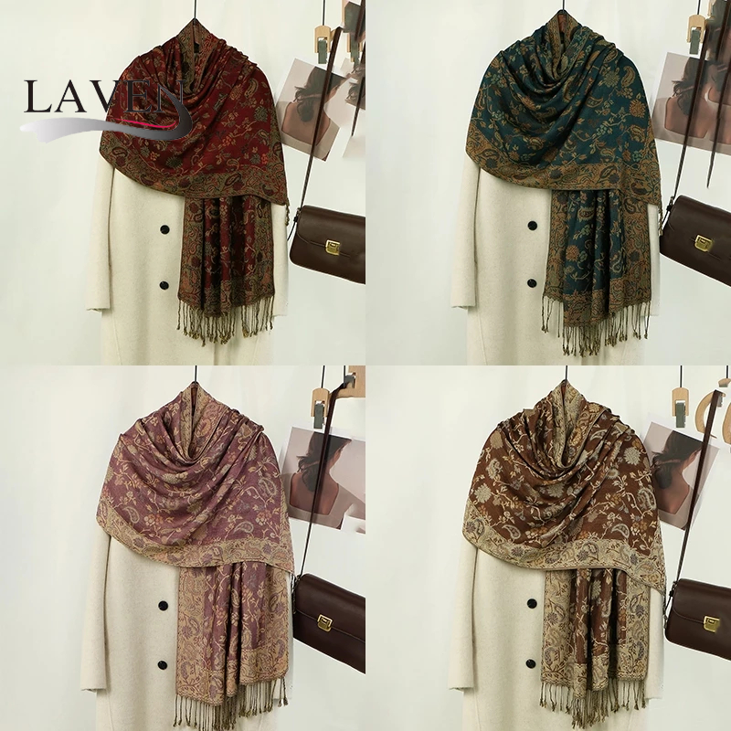 LAVEN ดอกไม้เม็ดมะม่วงหิมพานต์พิมพ์ Hijab Tudung Jacquard Pashmina พู่ผ้าคลุมไหล่มุสลิมผู้หญิง Headscarf
