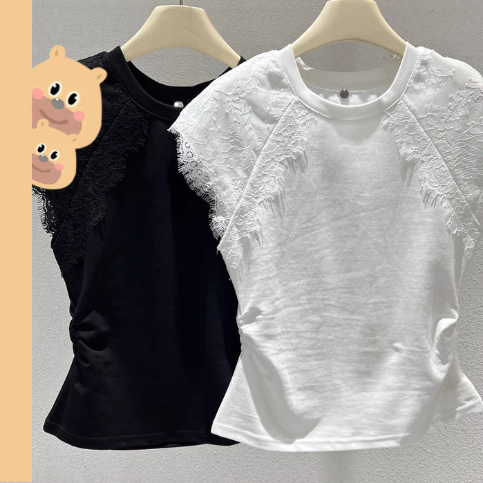 🎀bearbra🎀เสื้อยืดรัดรูป สาวอวบใส่ได้ ใส่แล้วพรางหุ่น เอวคอดสุด แต่งย่นข้าง ลูกไม้ลูกไม้ ขอแนะนำอย่างยิ่ง เสื้อยืดผู้หญิงทรงกระบอก
