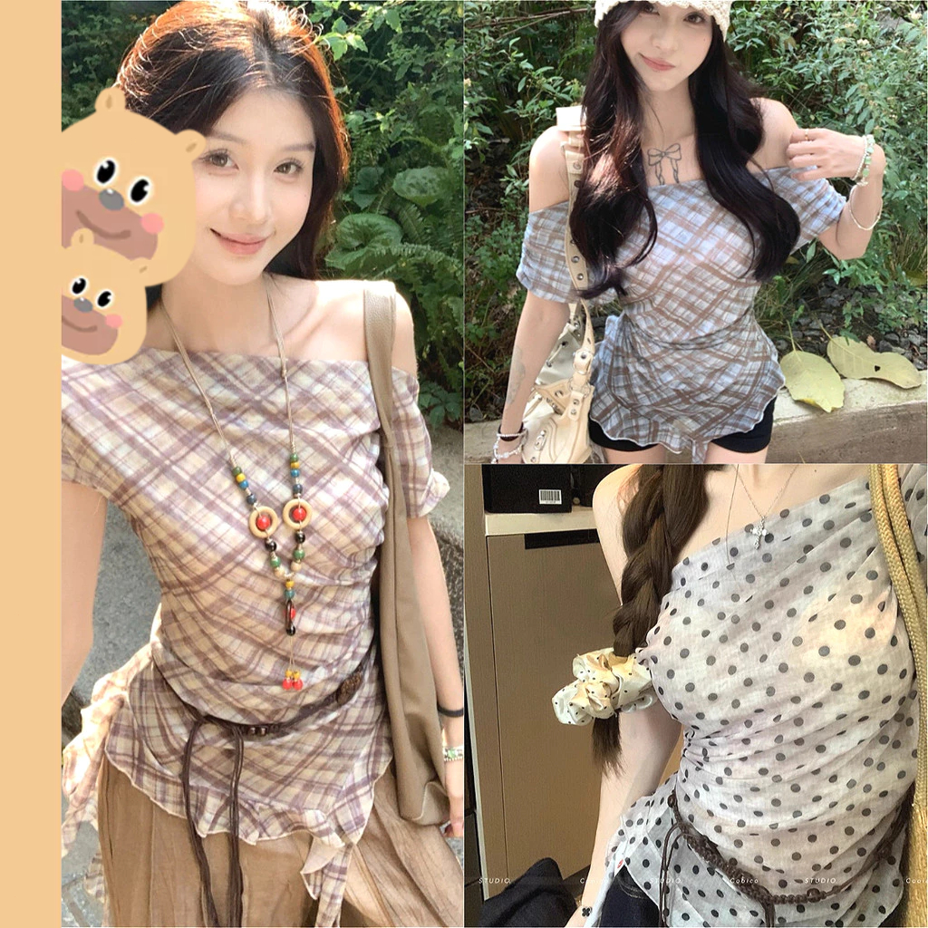 🎀bearbra🎀พร้อมส่งกาง เสื้อปาดไหล่ สีขาวรัดรูปแบบสั้นเสื้อเปิดหลัง เสื้อครอป โชว์ สะดือเซ็กซี่สาวฮอต ลายจุด กริด  [พร้อมเข็มขัด]