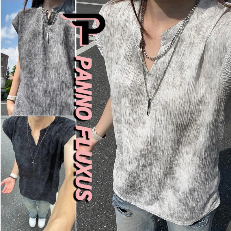 PannoFluxus เสื้อยืดแขนกุดผู้ชาย ดีไซน์มัดย้อมสไตล์อเมริกัน ทรงหลวมคล่องตัว ออกแบบคอวีเรียบหรู
