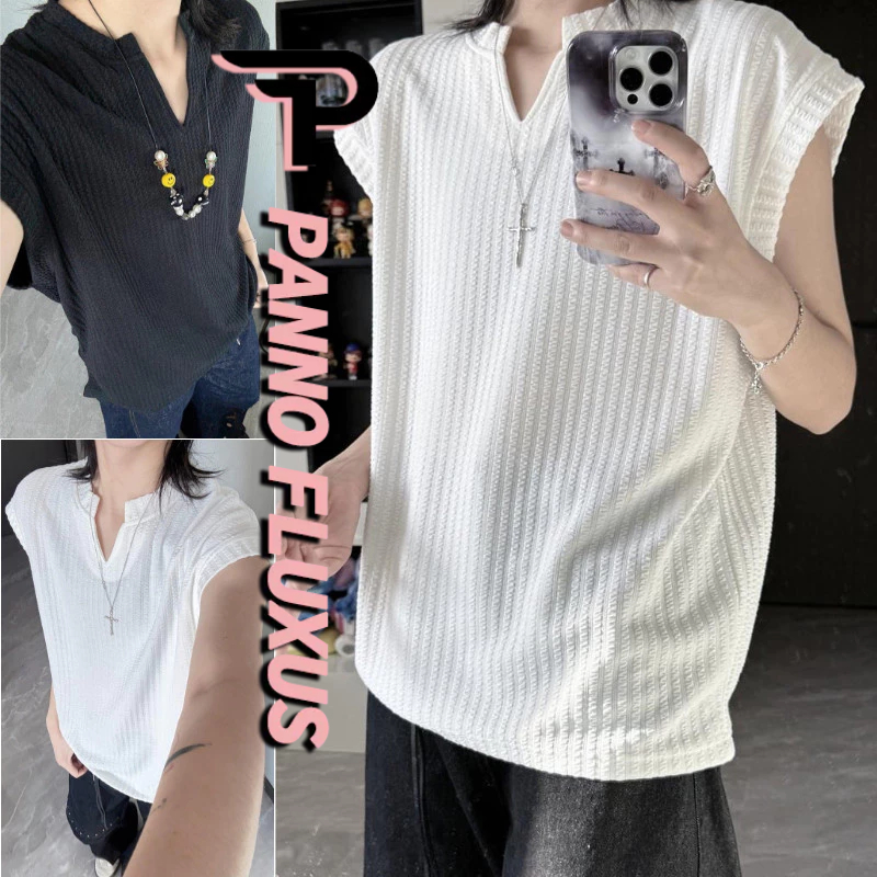 PannoFluxus เสื้อผู้ชายคุณภาพสูง คอวี สไตล์อเมริกัน สีทึบ แขนสั้น