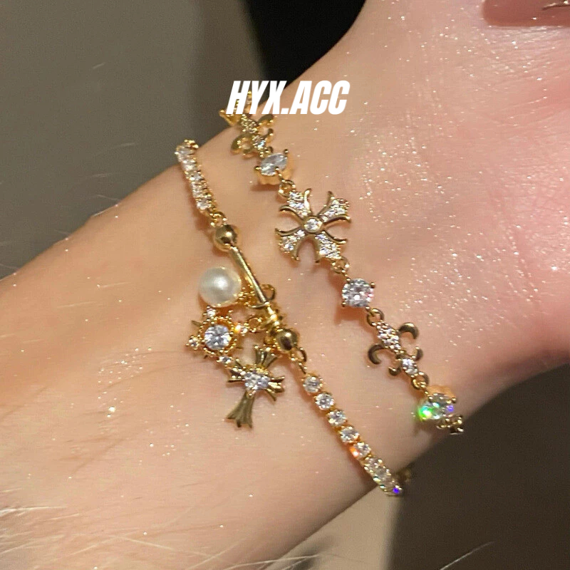 สร้อยข้อมือผู้หญิงสไตล์ฮิปฮอปเงางาม มุกเกล็ดหิมะลายเพทาย ปรับขนาดได้