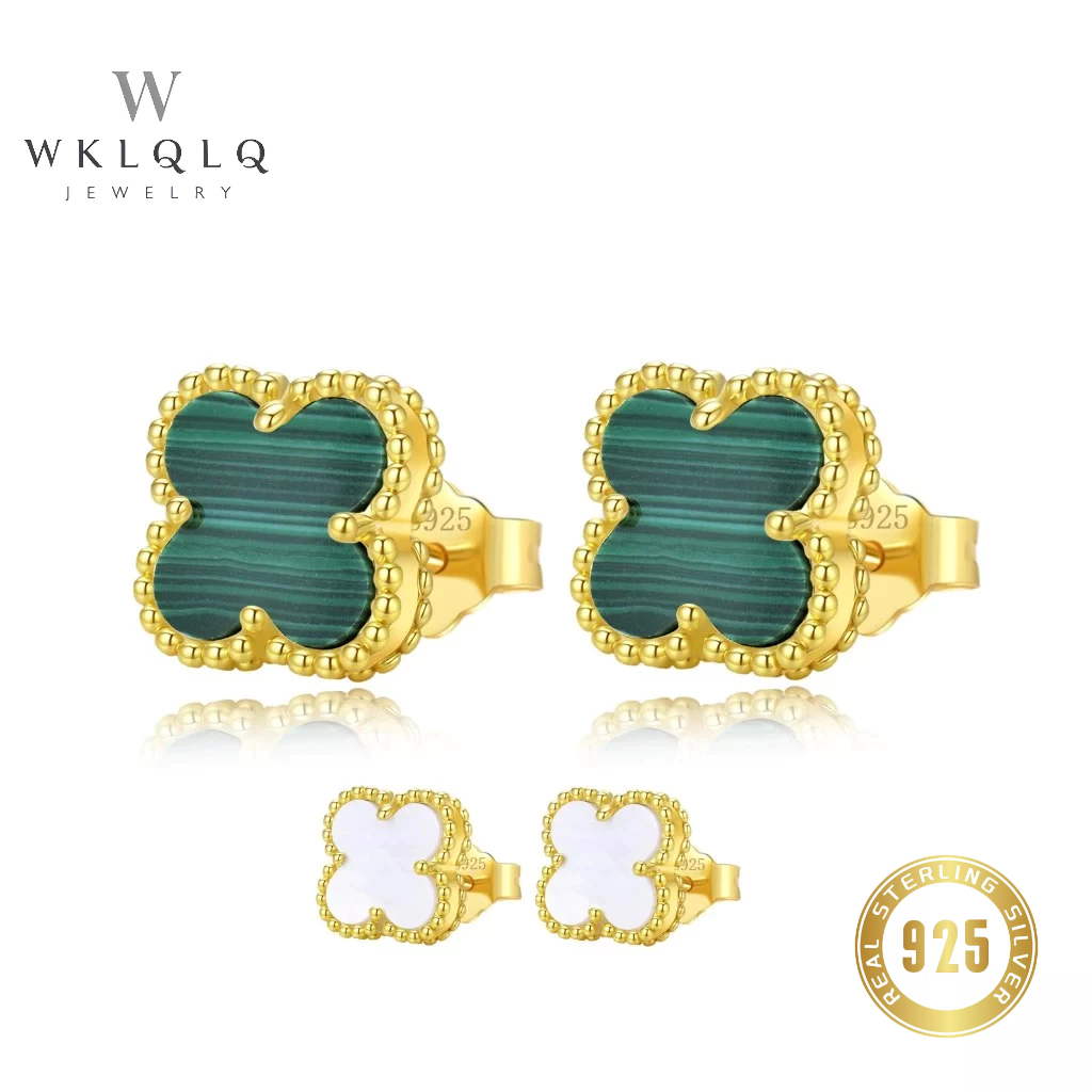 WKLQLQ ต่างหูเงินแท้ 925 ชุบทอง โคลเวอร์สี่แฉก ผู้หญิง มาลาไคต์/เปลือกหอยสีขาว พร้อมกล่องของขวัญ