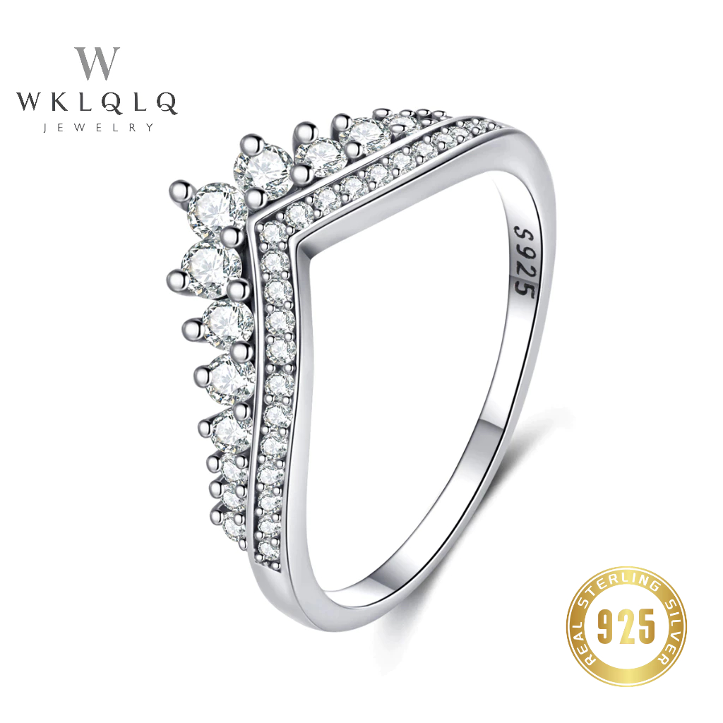 WKLQLQ แหวนเงินแท้ 925 มงกุฎตัววี ประดับเพชร CZ สำหรับผู้หญิง หรูหรา ใส่ได้ทุกลุค