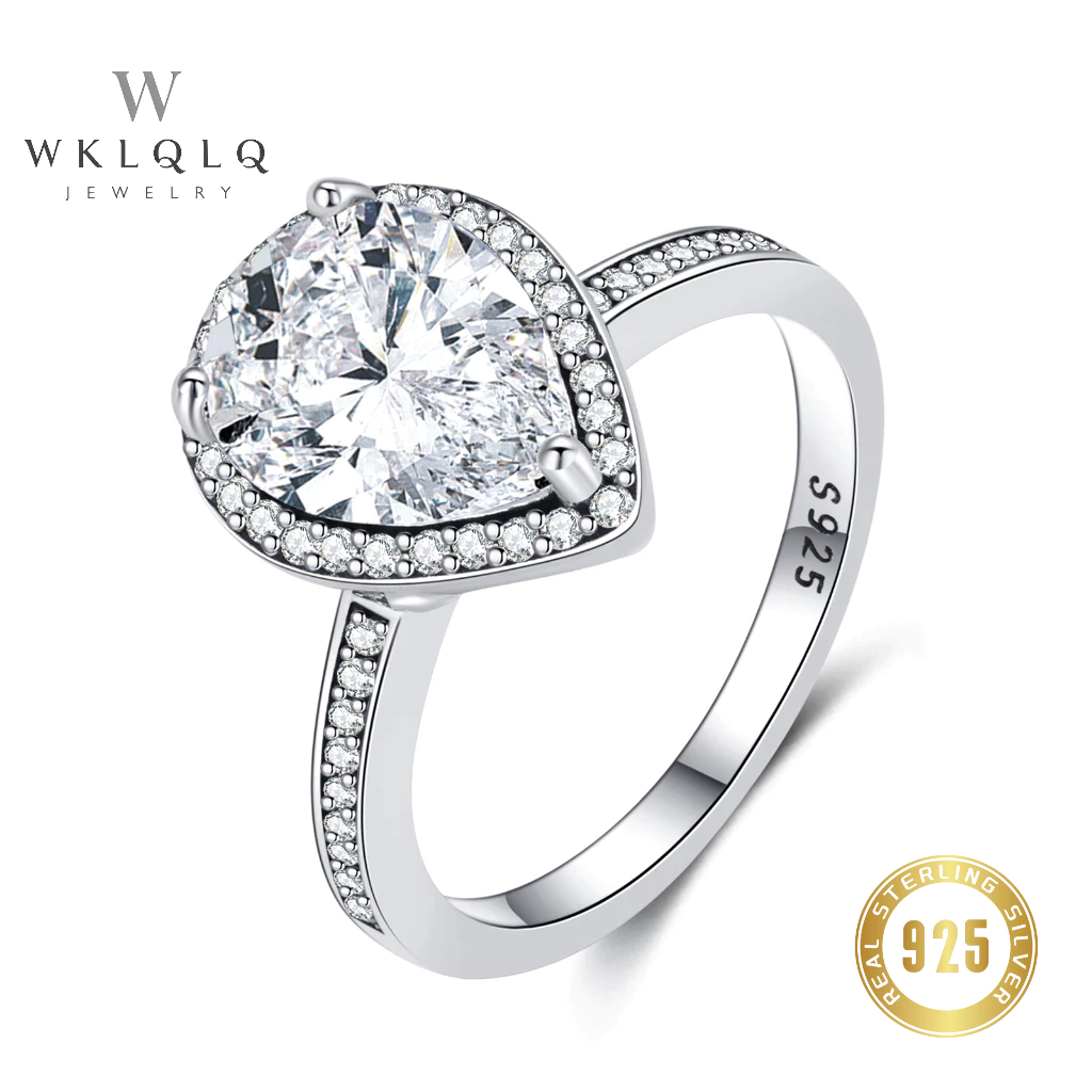 WKLQLQ แหวนเงินแท้ 925 เพชร CZ ทรงหยดน้ำ ผู้หญิง หรูหรา เต็มวง แหวนหมั้น ของขวัญครบรอบ