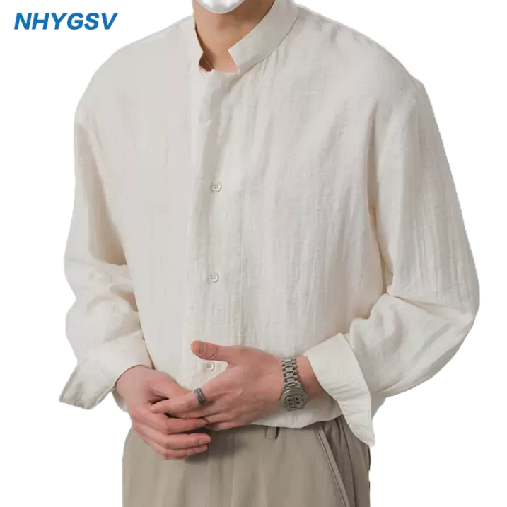NHYGSV เสื้อเชิ้ตแขนยาวผู้ชาย ผ้าลินินระบายอากาศได้ดี มี 3 สี ทรงหลวม คอปกตั้ง [B436]