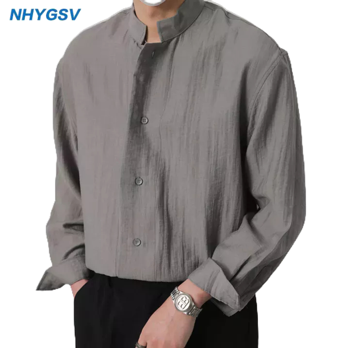 NHYGSV เสื้อเชิ้ตแขนยาวผู้ชาย ผ้าลินินระบายอากาศได้ดี มี 3 สี ทรงหลวม คอปกตั้ง [B436]
