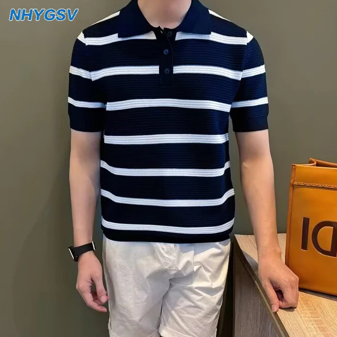 NHYGSV เสื้อโปโลลายทางเท่ๆ สำหรับผู้ชาย ฟ้า ขาว แอปริคอต สีแอปริคอต แขนสั้น [B608]