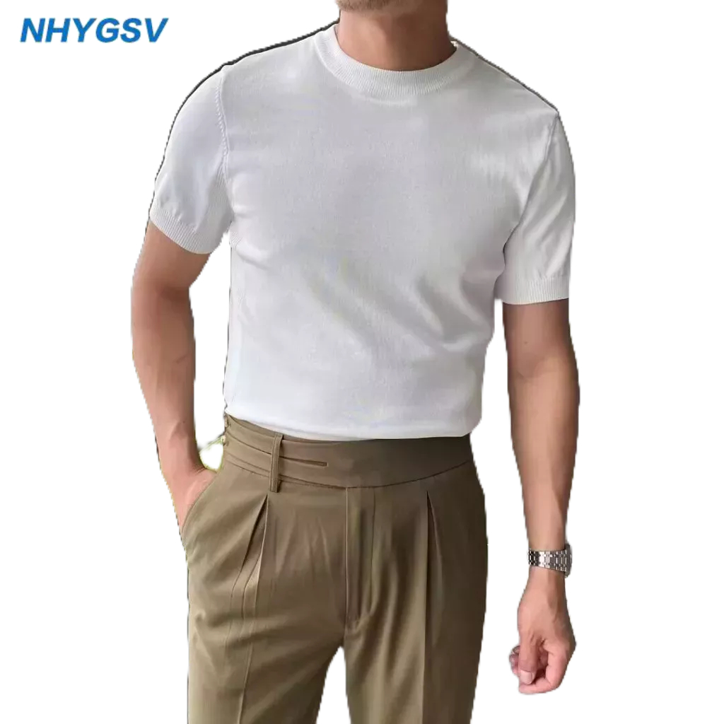 NHYGSV เสื้อยืดถักผู้ชายผ้าเย็นสีขาว M-XXXL ลําลองแขนสั้น [B02]